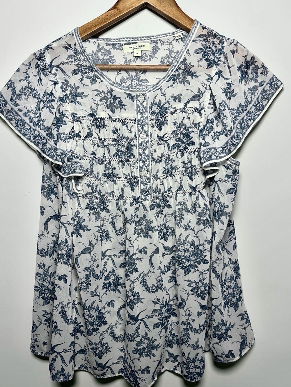 Max Studio London Sheer Floral Toile Blouse Blue White Cottagecore Top M